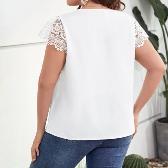 Plus Size Sheer Lace Sleeve Scallop Trim Top Blouse Shirt White - Picture 3 of 16
